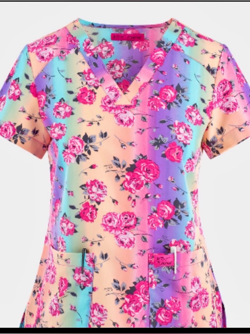 etsey Johnson Floral Rainbow Ombre Scrub Top